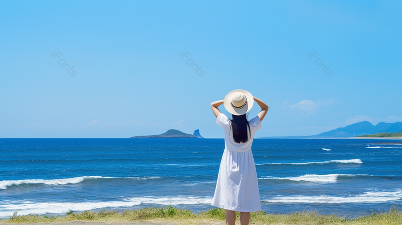 蓝色的天空和大海镰仓海边一个带着太阳帽身穿连衣裙女孩背影,高清,摄影图,摄影图片,图片大全,摄影图免费下载